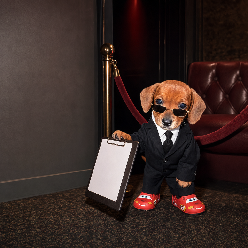 Bondog at the velvet rope holding a blank guest list clipboard beside a red banquette